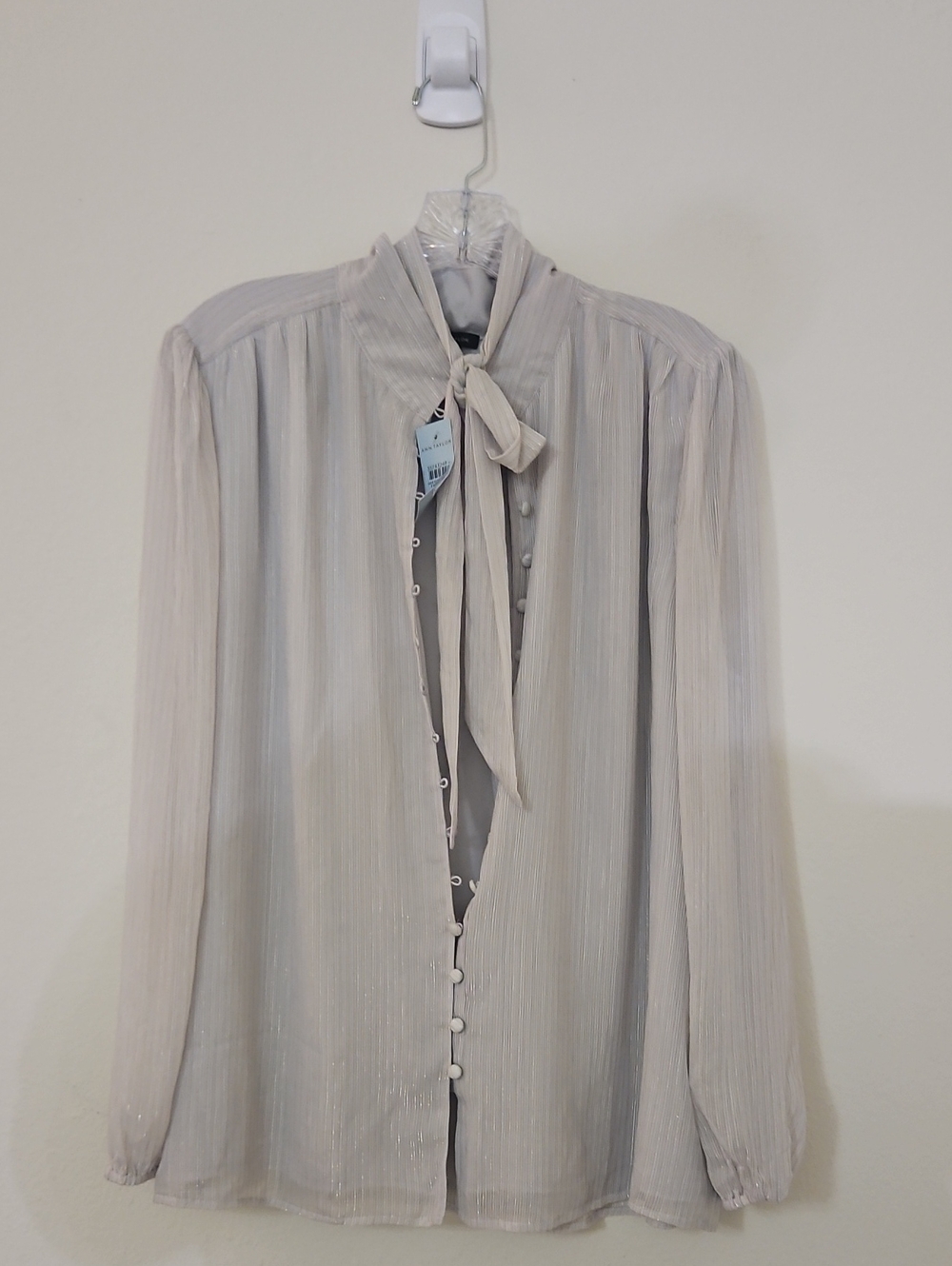 Ann Taylor Light Gray Pleated Tie-Neck Blouse